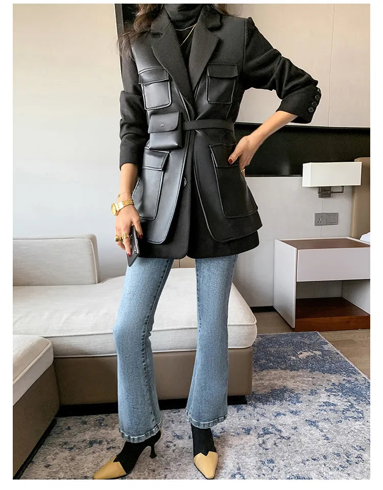 “Leona” Women’s Black Wool Designer Leather Jacket