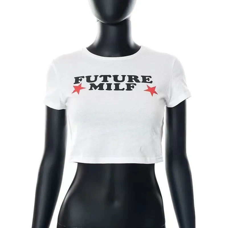 “Future Milf” Women’s Retro Star Print Y2K Style Baby Tee