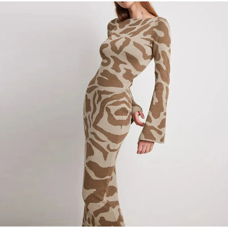 “Untamable” Striped Leopard Print Long Sleeve Bodycon Party Dress