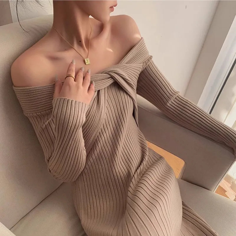 “Cashmere” Temperament Knitted Off Shoulder Designer Dress