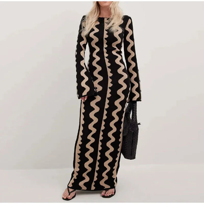“Untamable” Striped Leopard Print Long Sleeve Bodycon Party Dress