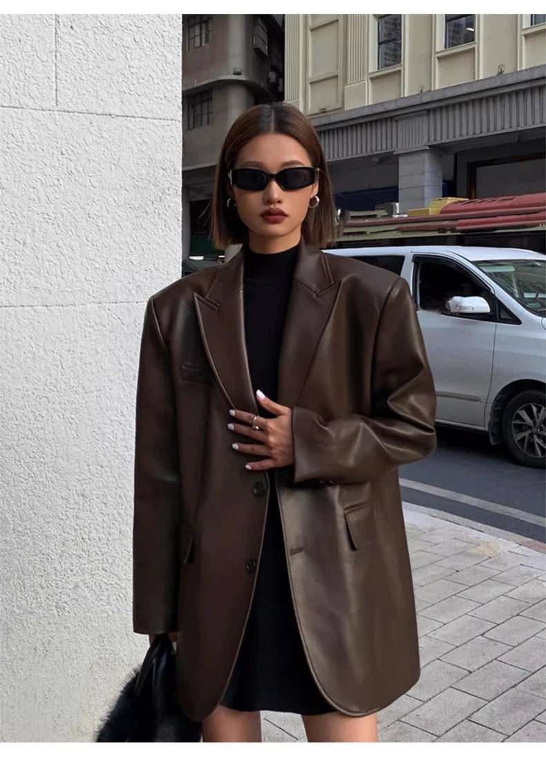 “Lara” Women’s Soft Leather Korean Style Long Sleeve Blazer